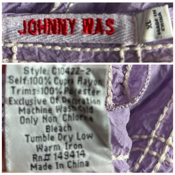 Johnny Was Top Tie Neck Butterly Floral Embroidered Purple Women’s Size Large - Picture 12 of 13